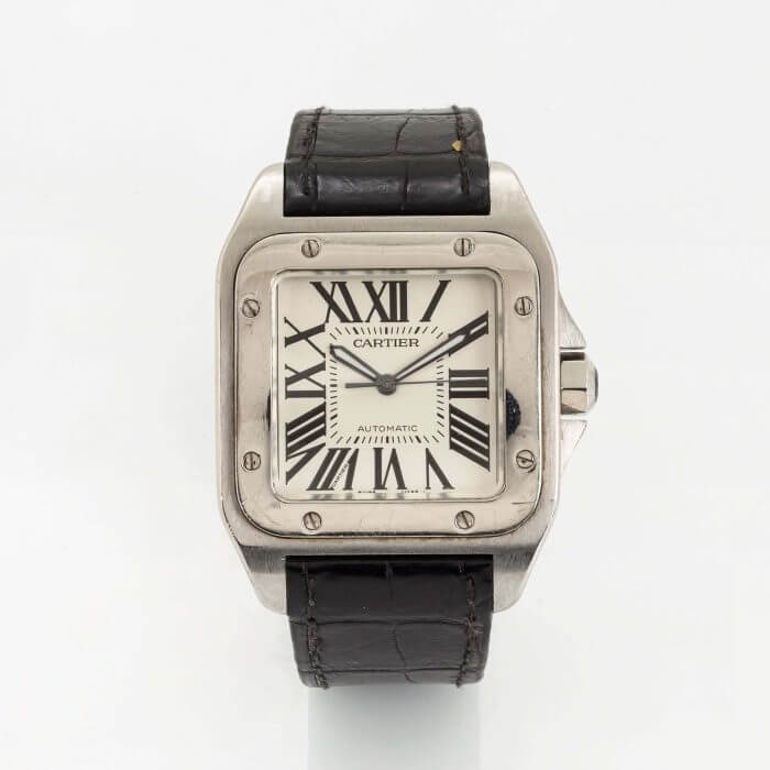 Cartier Santos Black Leather strap 100 Large White Dial Steel Men’s Watch W20107X7