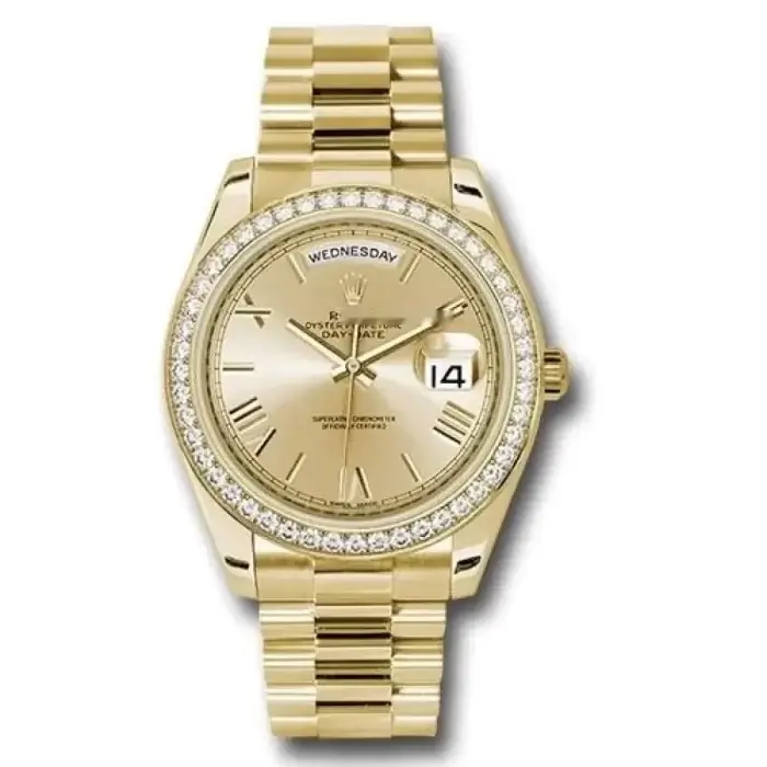 Rolex DayDate ii Stainless Steel Yellow Gold Champagne With Diamond Bezel And 41MM Roman Dial President Bracelet Watch