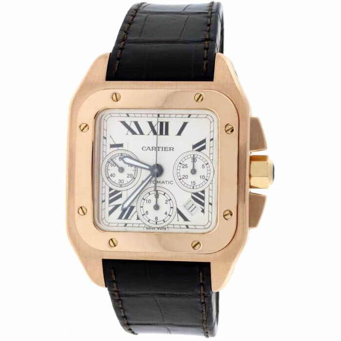 Cartier Santos Rose Gold 100XL Chronograph Large White Dial Leather Belt Men’s Watch