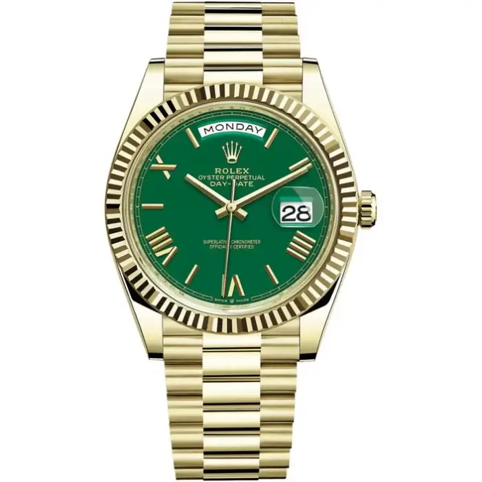 Rolex DayDate Gold Green Roman Dial 41MM President Fluted Bezel Men's Watch