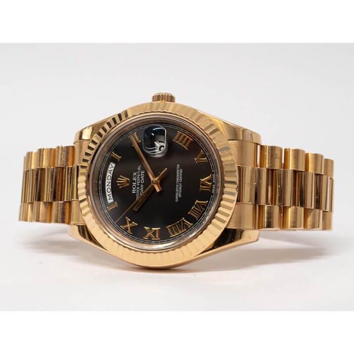 Rolex President Bracelet Day-Date 41MM Black Roman Dial Fluted Bezel Yellow Gold Watch 228238 - Image 4