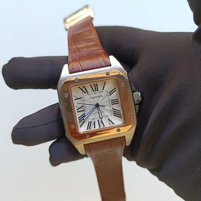 Cartier Santos Rose Gold 100 Large White Dial  Brown Leather Belt Men’s Watch W20107X7 - Image 3