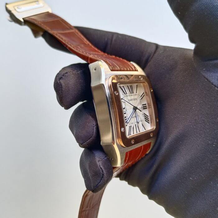Cartier Santos Rose Gold 100 Large White Dial  Brown Leather Belt Men’s Watch W20107X7 - Image 4