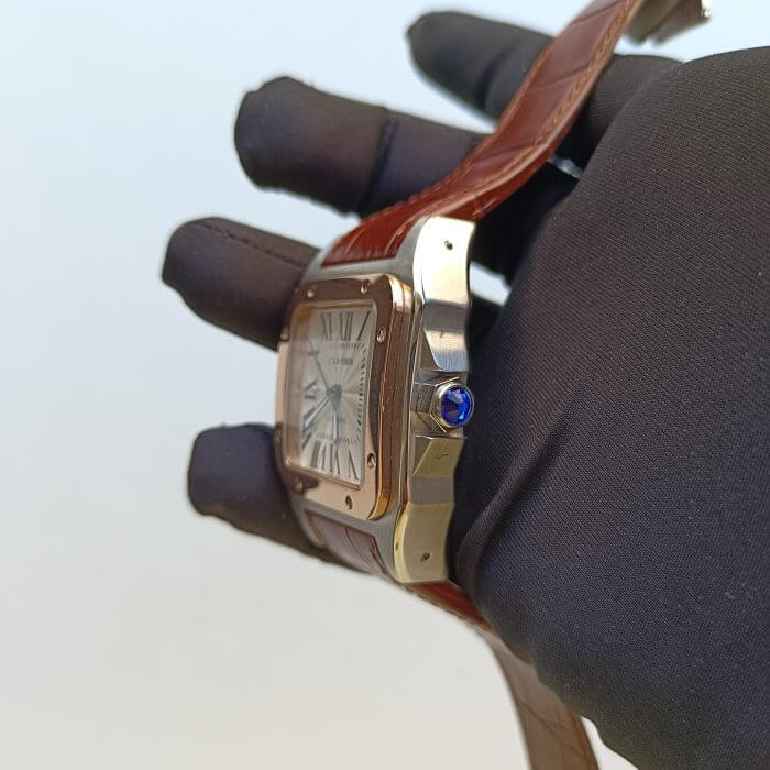 Cartier Santos Rose Gold 100 Large White Dial  Brown Leather Belt Men’s Watch W20107X7 - Image 5