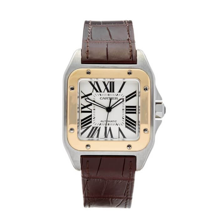 Cartier Santos 100 Gold Yellow Large White Dial  Brown Leather Belt Men's Watch W20107X7