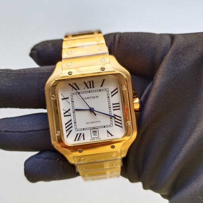 Cartier Santos Yellow Gold Men’s Watch Large Automatic White Dial Yellow Gold Bracelet WGSA0029