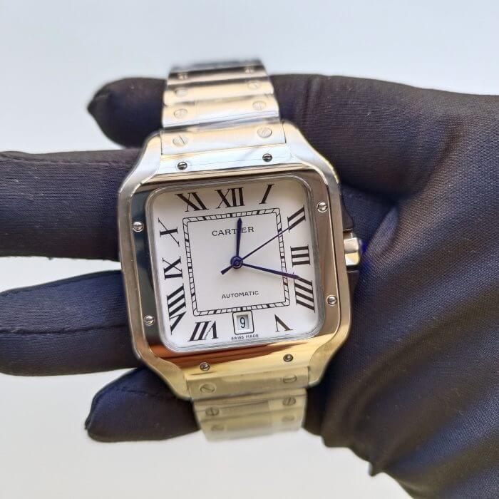 Cartier Large Santos De Cartier Men’s Watch White Dial Steel Bracelet WSSA0018