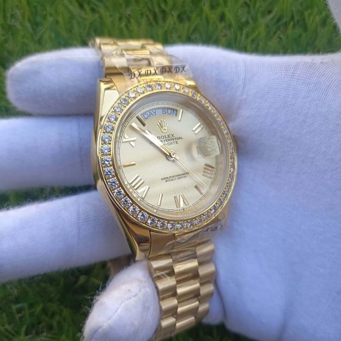 Rolex DayDate ii Stainless Steel Yellow Gold Champagne With Diamond Bezel And 41MM Roman Dial President Bracelet Watch - Image 3