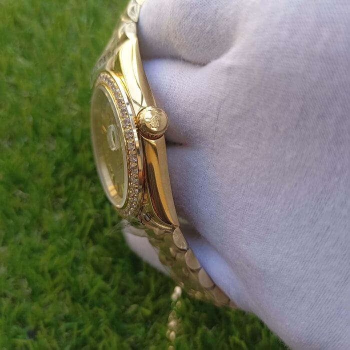 Rolex DayDate ii Stainless Steel Yellow Gold Champagne With Diamond Bezel And 41MM Roman Dial President Bracelet Watch - Image 7