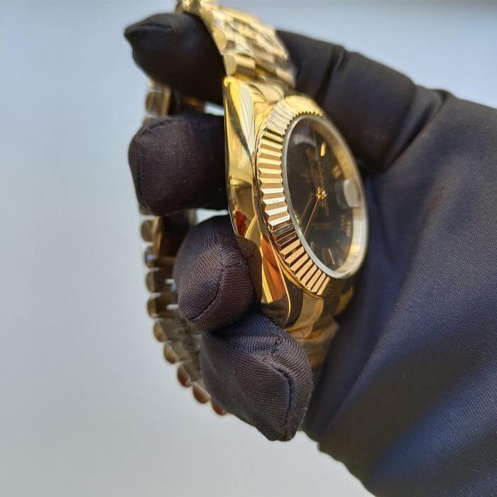 Rolex President Bracelet Day-Date 41MM Black Roman Dial Fluted Bezel Yellow Gold Watch 228238 - Image 8