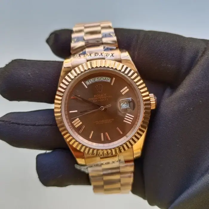 Rolex Day-Date Rose Gold Chocolate Dial 41MM President Fluted Bezel Watch 228235