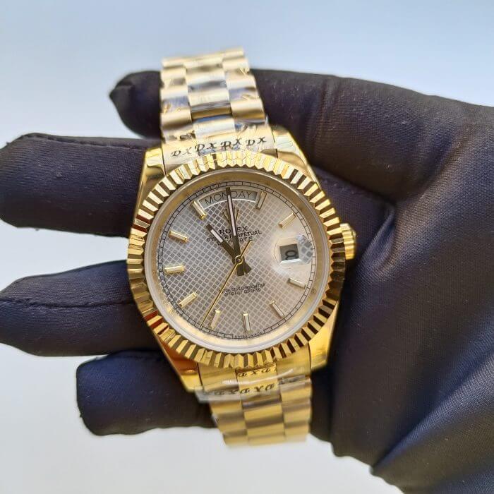 Rolex Day-Date 40 Yellow Gold Silver Dial Diagonal Motif Index & Fluted Bezel President Bracelet 228238 - Image 2