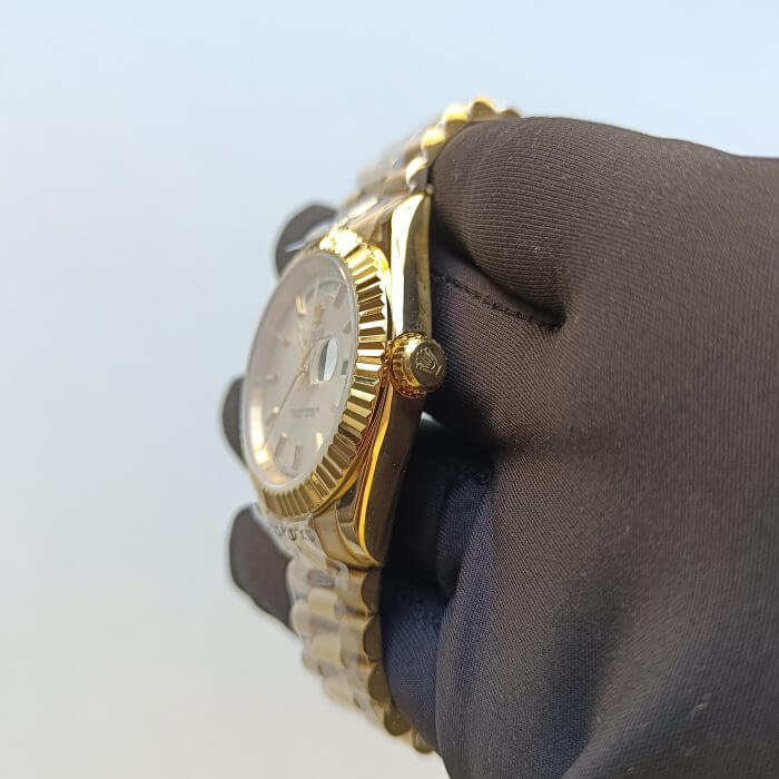 Rolex Day-Date 40 Yellow Gold Silver Dial Diagonal Motif Index & Fluted Bezel President Bracelet 228238 - Image 8