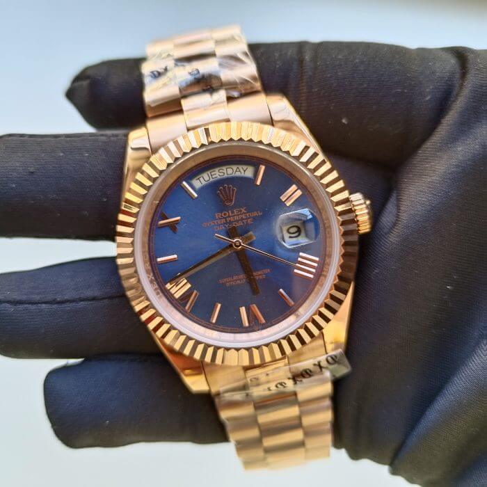 Rolex DayDate Rose Gold 41MM President Fluted Bezel Blue Roman Dial Men’s Watch