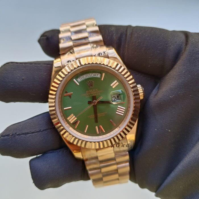 Rolex Day-Date Rose Gold Green Dial 40MM President Fluted Bezel Watch