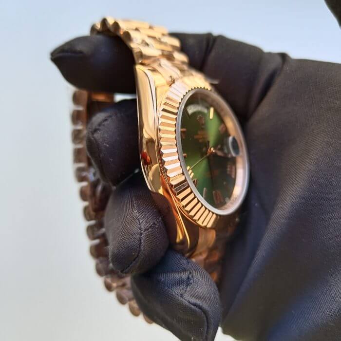 Rolex Day-Date Rose Gold Green Dial 40MM President Fluted Bezel Watch - Image 2
