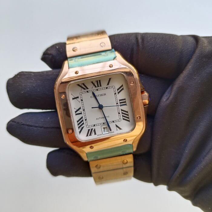 Cartier Santos Rose Gold Large Silver Opaline Dial Bracelet WGSA0007WGSA