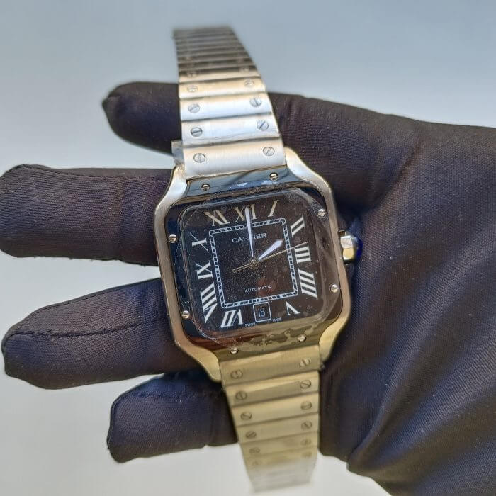 Santos De Cartier Black Grey Dial Large Model Automatic 39 Mm Stainless Steel Watch WSSA0037