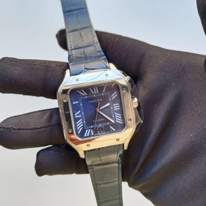 Cartier Santos Two Tone Large 39.8 mm Blue Dial Leather belt Men's Watch - Image 2