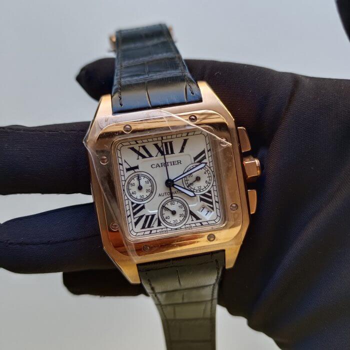 Cartier Santos Rose Gold 100XL Chronograph Large White Dial Leather Belt Men’s Watch - Image 2