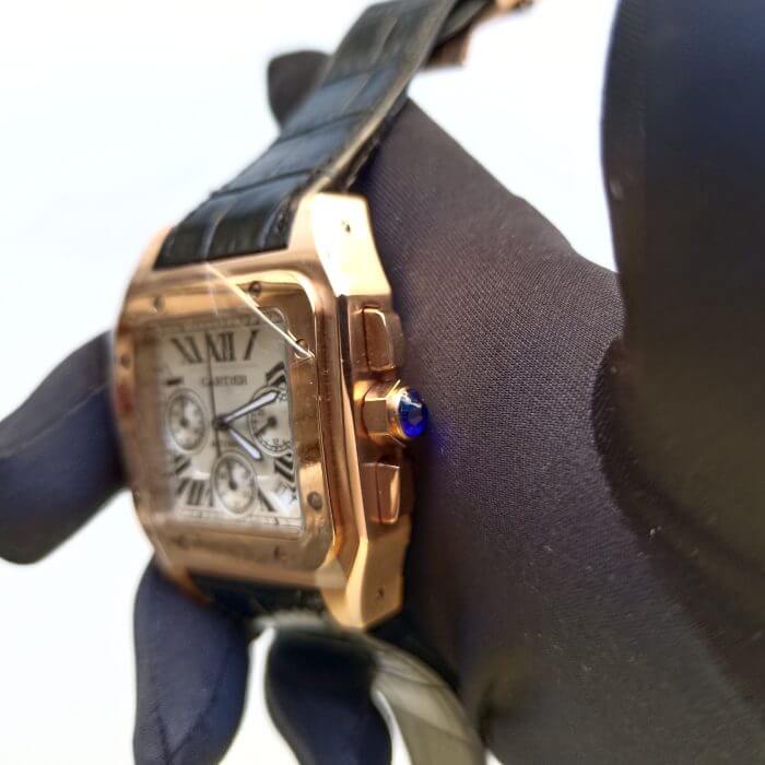Cartier Santos Rose Gold 100XL Chronograph Large White Dial Leather Belt Men’s Watch - Image 4