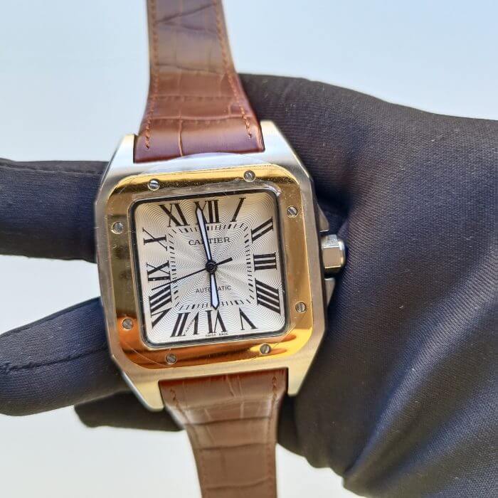 Cartier Santos 100 Gold Yellow Large White Dial  Brown Leather Belt Men's Watch W20107X7 - Image 3