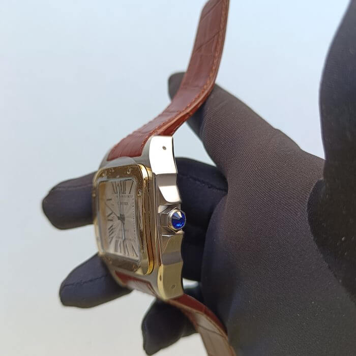 Cartier Santos 100 Gold Yellow Large White Dial  Brown Leather Belt Men's Watch W20107X7 - Image 5