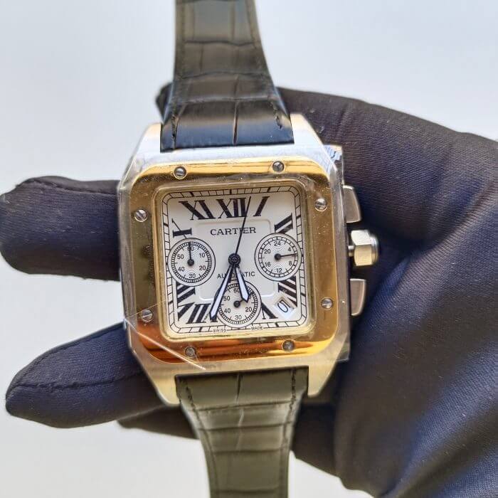 Large White Watch | Cartier Santos 100XL Chronograph | Two Tone Black Leather Belt Watch - Image 6