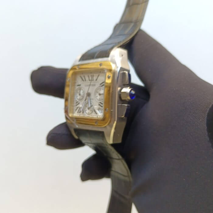 Large White Watch | Cartier Santos 100XL Chronograph | Two Tone Black Leather Belt Watch - Image 3