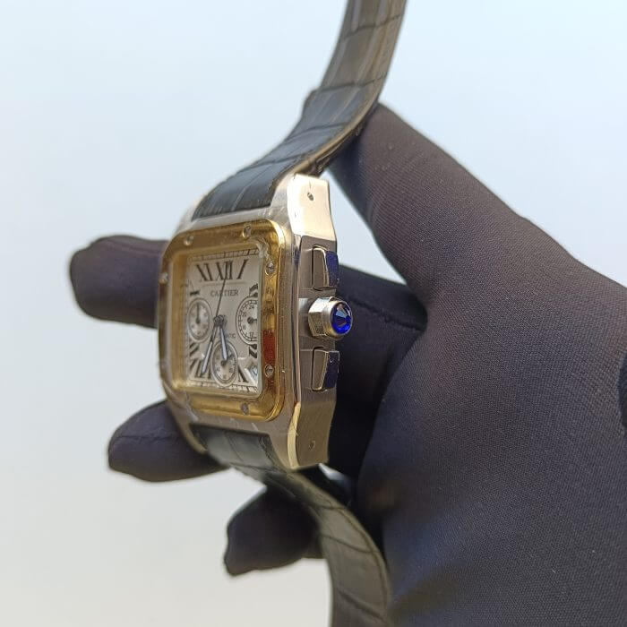 Large White Watch | Cartier Santos 100XL Chronograph | Two Tone Black Leather Belt Watch - Image 4
