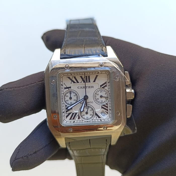 Cartier Santos 100XL Chronograph Large White Dial Leather Belt Men’s Watch - Image 2