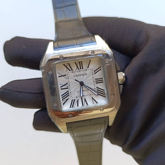 Cartier Santos Black Leather strap 100 Large White Dial Steel Men’s Watch W20107X7 - Image 3