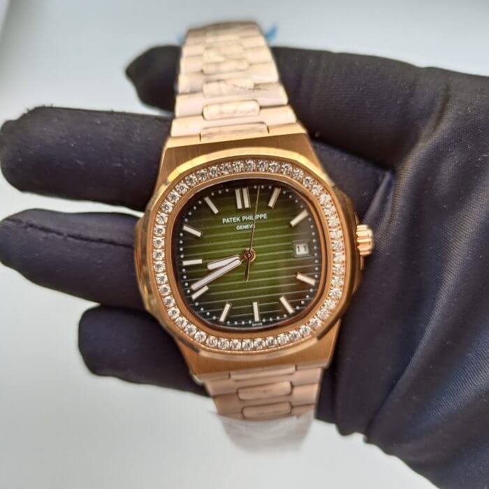 Patek Philippe Rose Gold Mens watch With Olive Green Diamond Dial
