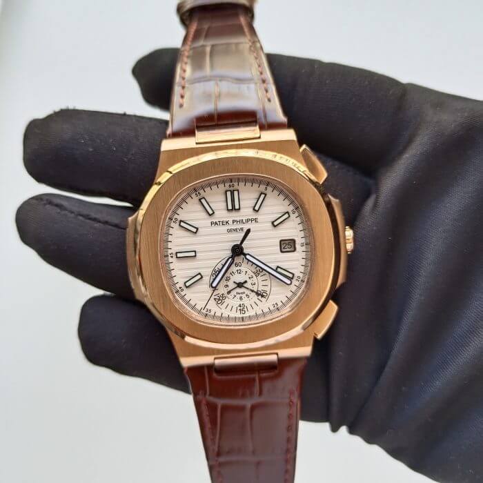 Patek Philippe Rose gold Nautilus Leather Strap & white Dial Men's wrist Watch 5980R-001