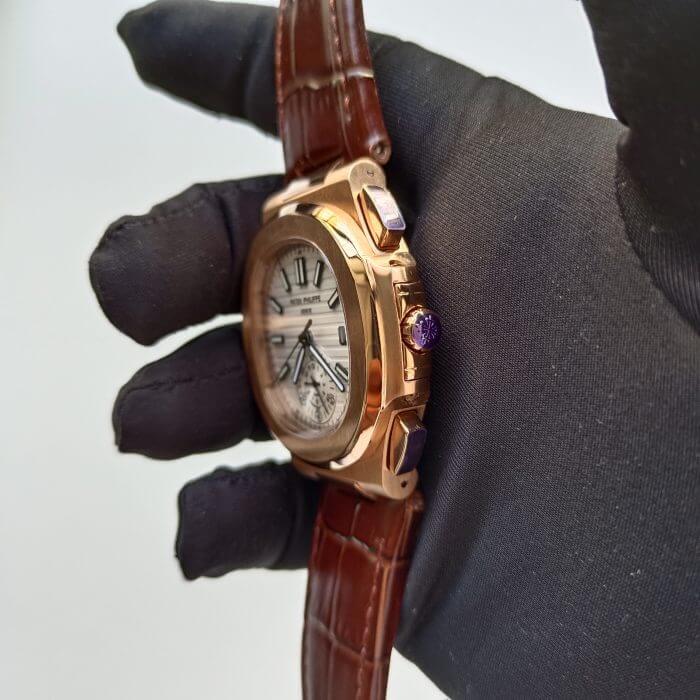 Patek Philippe Rose gold Nautilus Leather Strap & white Dial Men's wrist Watch 5980R-001 - Image 2