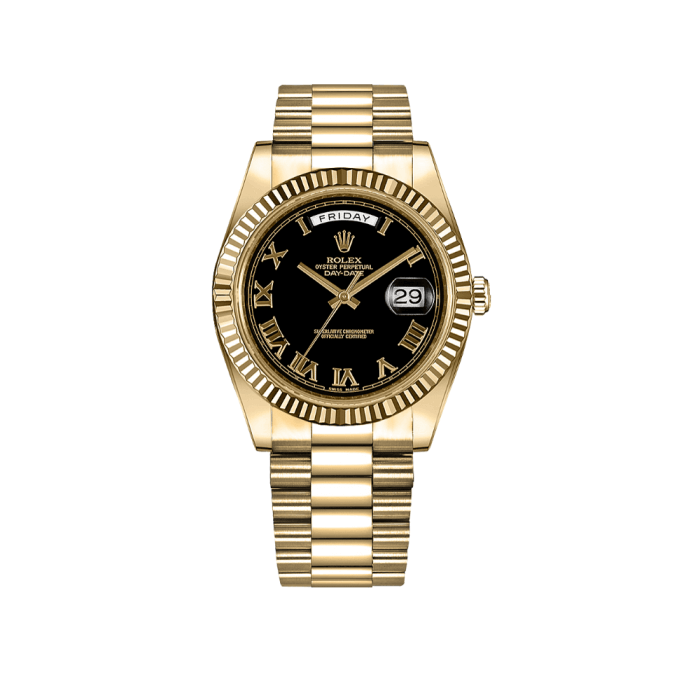 Rolex President Bracelet Day-Date 41MM Black Roman Dial Fluted Bezel Yellow Gold Watch 228238