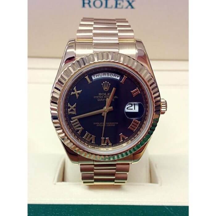 Rolex President Bracelet Day-Date 41MM Black Roman Dial Fluted Bezel Yellow Gold Watch 228238 - Image 6