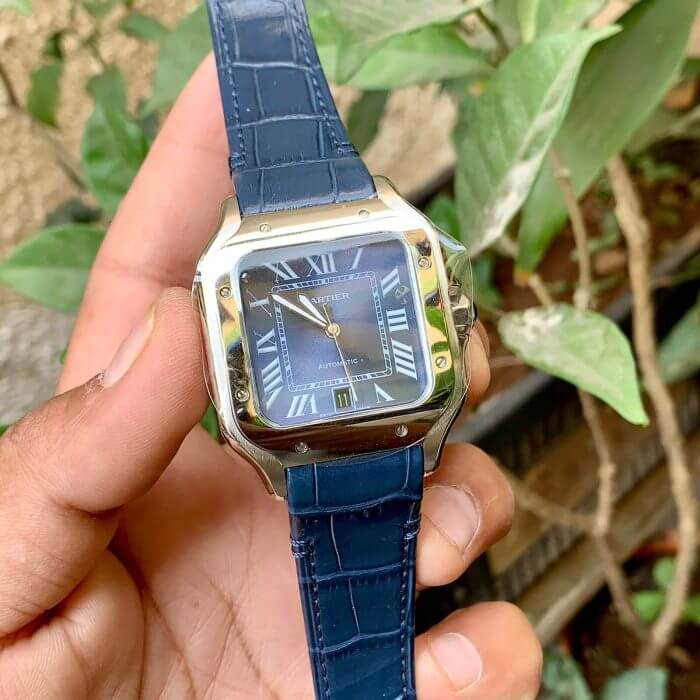 Cartier Santos Two Tone Large 39.8 mm Blue Dial Leather belt Men's Watch