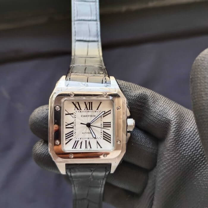 Cartier Santos Black Leather strap 100 Large White Dial Steel Men’s Watch W20107X7 - Image 2