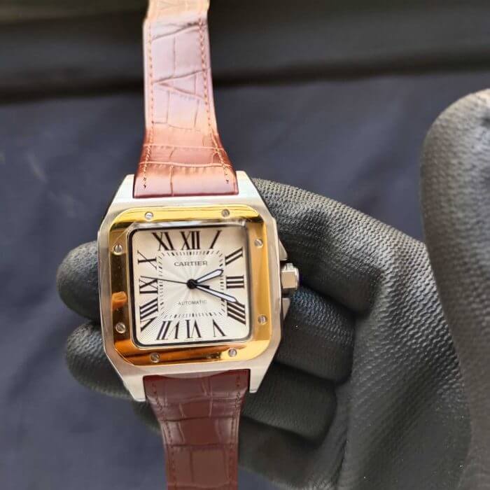 Cartier Santos 100 Gold Yellow Large White Dial  Brown Leather Belt Men's Watch W20107X7 - Image 2