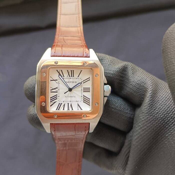 Cartier Santos Rose Gold 100 Large White Dial  Brown Leather Belt Men’s Watch W20107X7 - Image 2