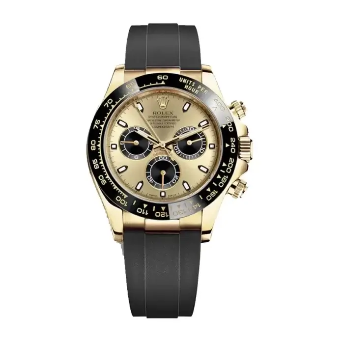 Rolex Daytona Yellow Gold Champagne Dial Black Index Ceramic Bezel Oysterflex Rubber Bracelet 116518LN