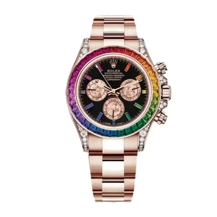 Rolex Daytona Baguette Diamond Bezel Rainbow Colored Cosmograph Rose Gold Oyster Men’s Watch 116505