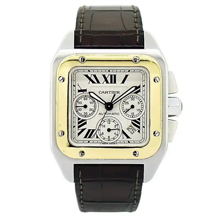 Large White Watch | Cartier Santos 100XL Chronograph | Two Tone Black Leather Belt Watch