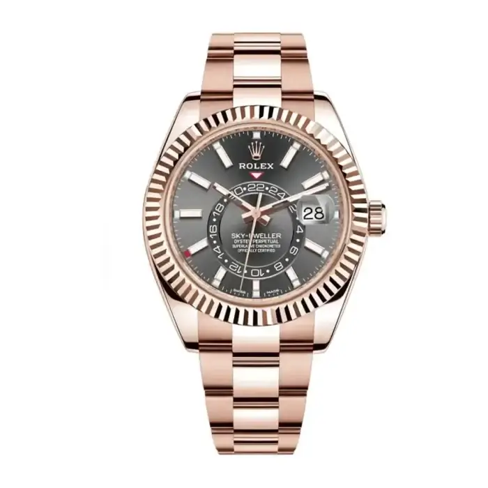 Rolex Sky Dweller Rose Gold 42MM Dark Rhodium Index Dial Fluted Bezel Oyster Bracelet 326935