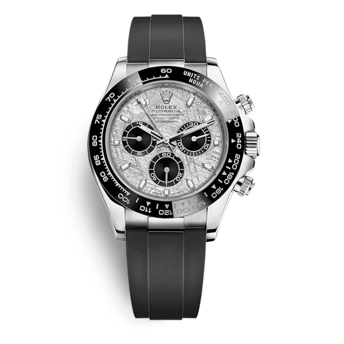 Rolex daytona white gold meteorite dial Cosmograph Daytona 40 Watch Black Index Dial Black Oysterflex Strap Watch 116519LN