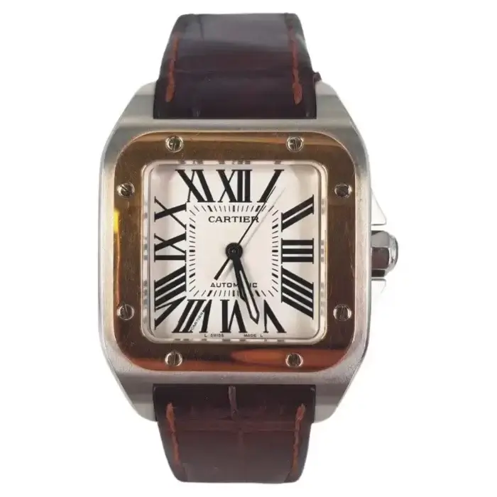 Cartier Santos Rose Gold 100 Large White Dial  Brown Leather Belt Men’s Watch W20107X7