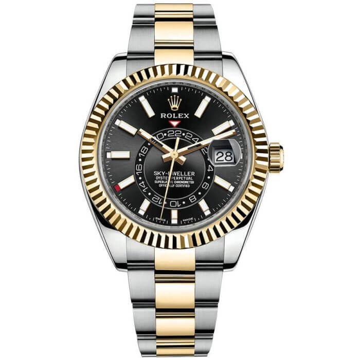 Rolex Sky Dweller Two Tone Black Dial Yellow Gold Bezel Oyster Men's Watch 326933