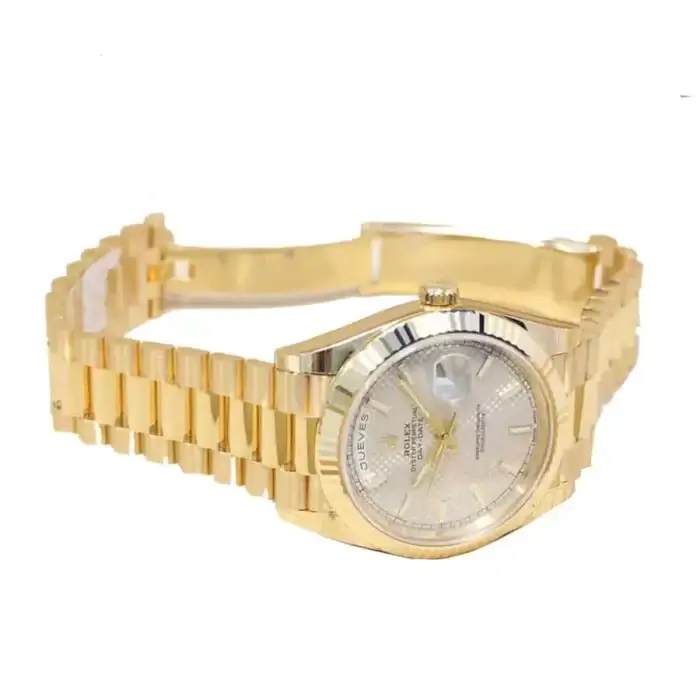 Rolex Day-Date 40 Yellow Gold Silver Dial Diagonal Motif Index & Fluted Bezel President Bracelet 228238 - Image 3