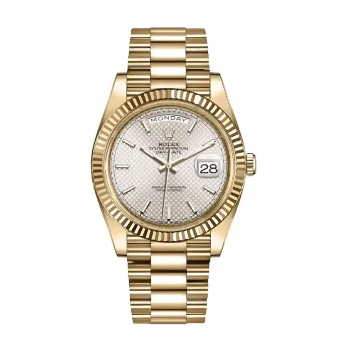 Rolex Day-Date 40 Yellow Gold Silver Dial Diagonal Motif Index & Fluted Bezel President Bracelet 228238